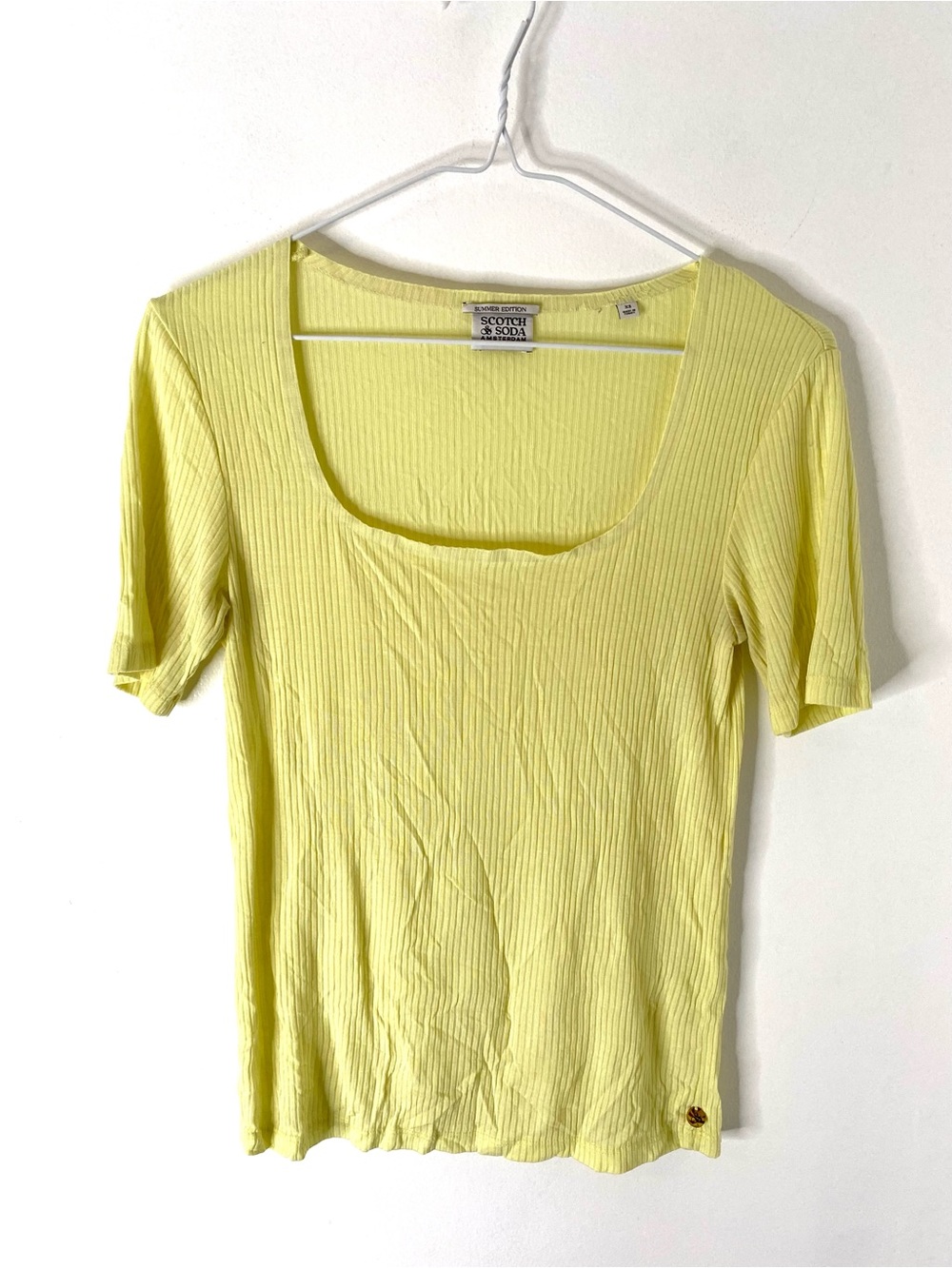 Scotch & Soda Ribbed Yellow Scoop Neck Knit Top Stretch Short Sleeve Tee